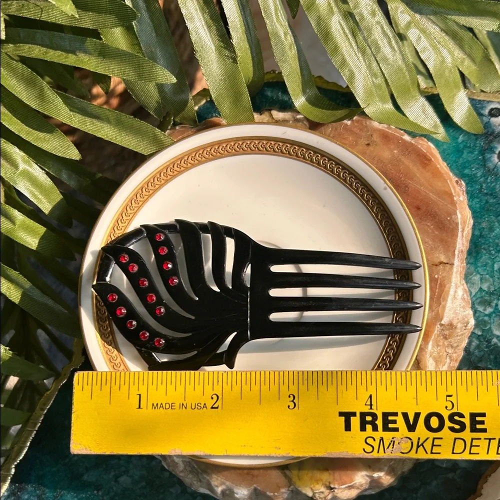 Vintage Black Celluloid Spanish Style Art Nouveau Hair Comb w Red Rhinestones